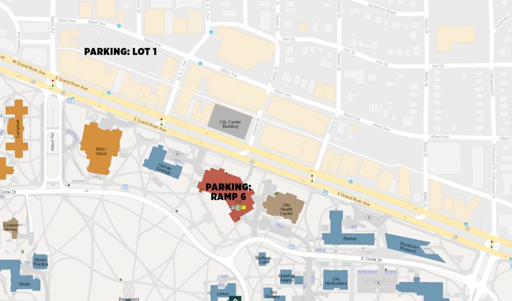 Map showing the Grand River Avenue parking ramp and MSU Union