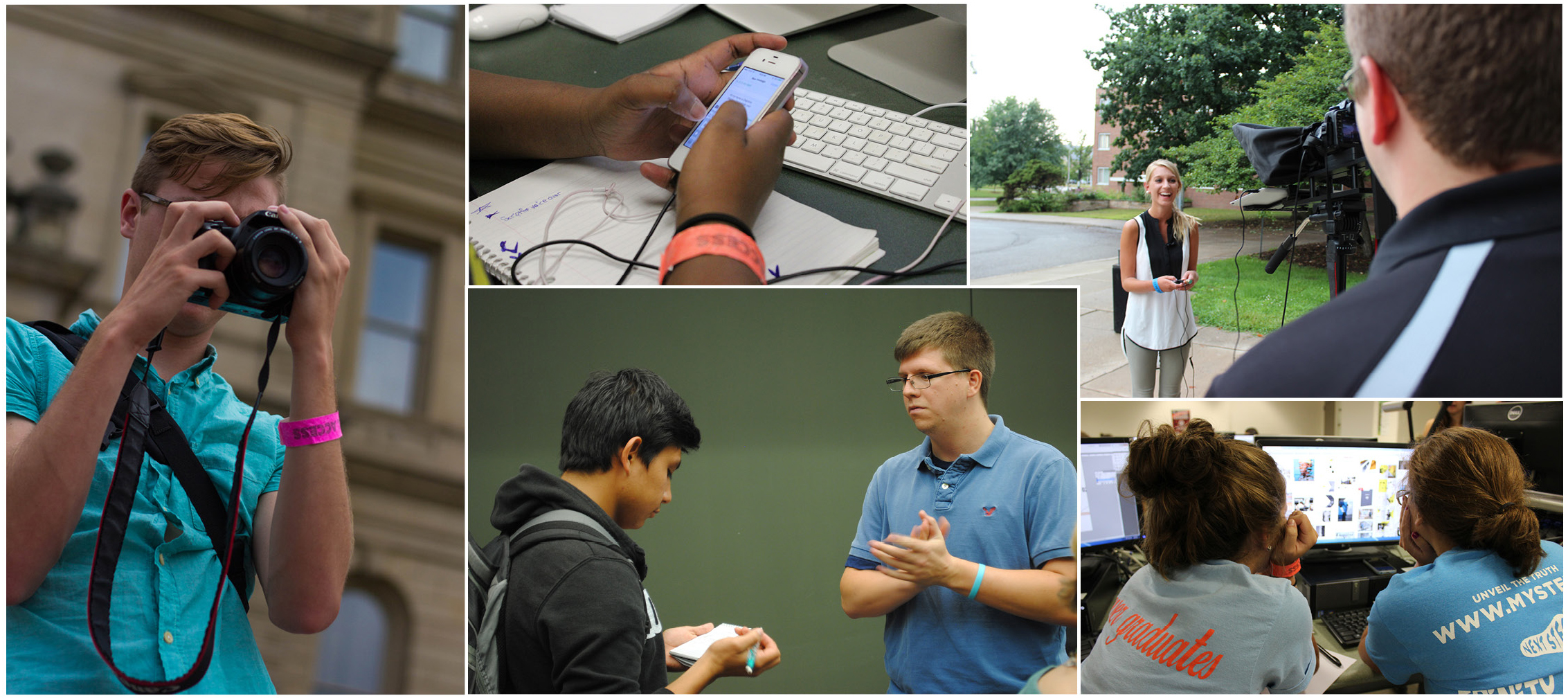 A college of photos of student journalists working in various mediums.