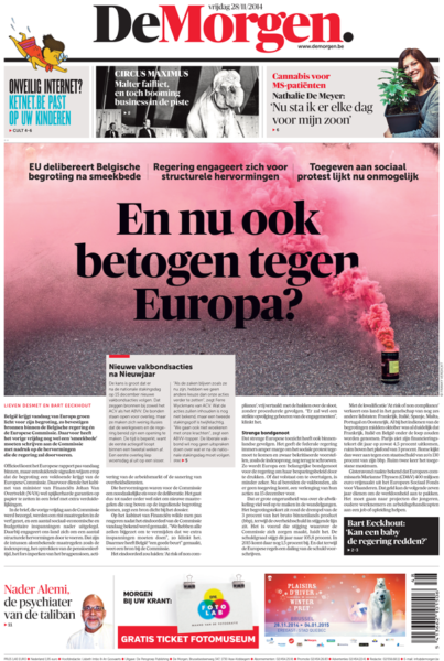 This front page from DeMorgen features only one main story, but the significant amount of text helps categorize it as a "newspaper-style" page.