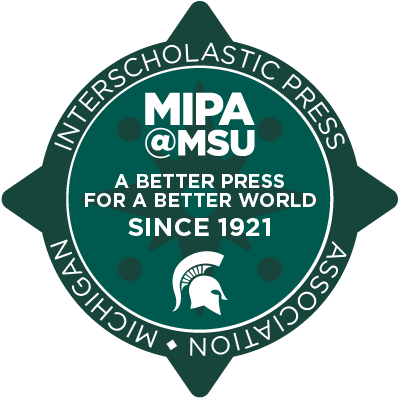 Circle badge with the text "MIPA@MSU," "A Better Press for a Better World since 1921," and Michigan Interscholastic Press Association