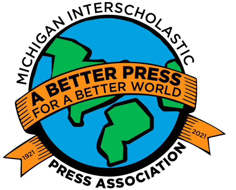 "A Better Press for a Better World" on a ribbon across a globe, surrounded by "Michigan Interscholastic Press Association"