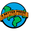 Illustration of a globe with a ribbon across it featuring the text "A Better Press for a Better World"