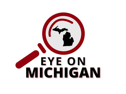 Eye on Michigan, shown with a magnifying glass with the state of Michigan in the lens