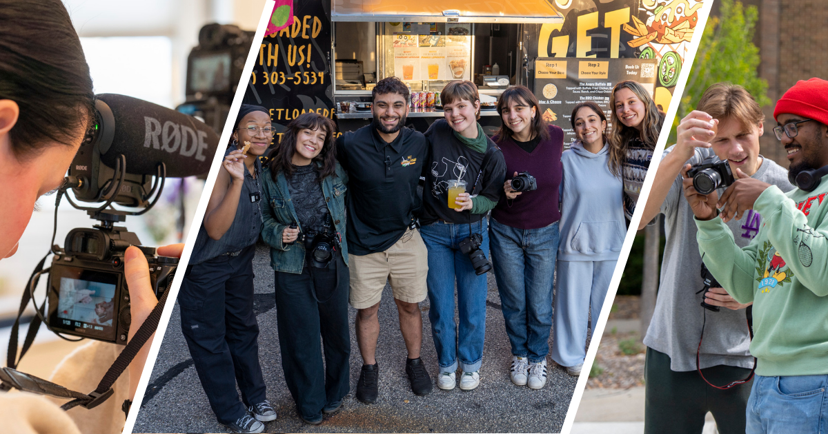 Collage of images of student photographers working and interacting with each other